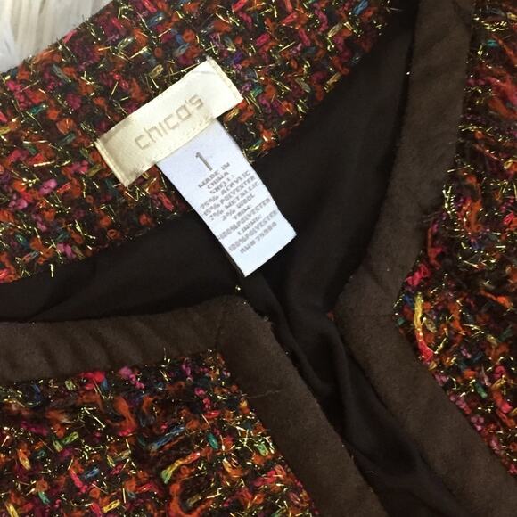 CHICO'S Tweed Brown Career Blazer Jacket 1 MEDIUM Classic Office Rainbow Knit - Picture 2 of 9